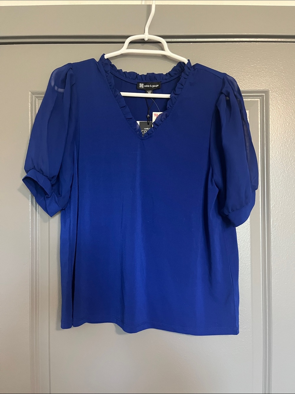 Cable & Gauge Cobalt Blue V-Neck Ruffle Blouse